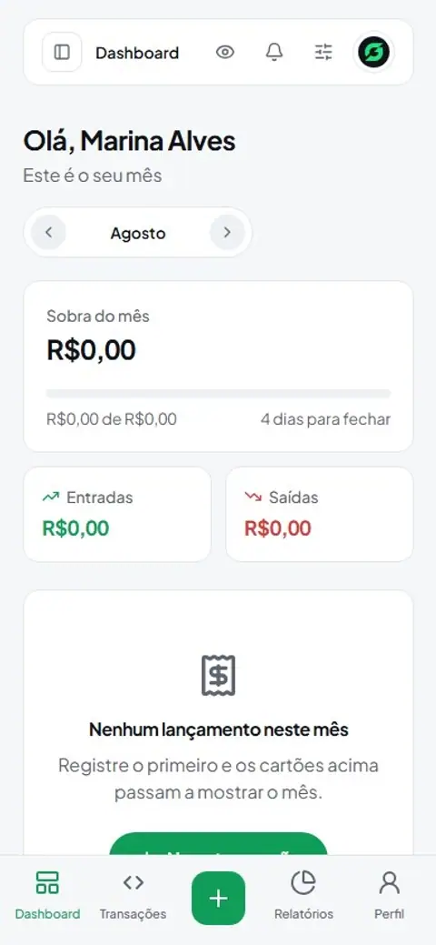 Um lançamento sendo criado: o teclado de valor, a descrição, a categoria e a conta aparecendo na lista